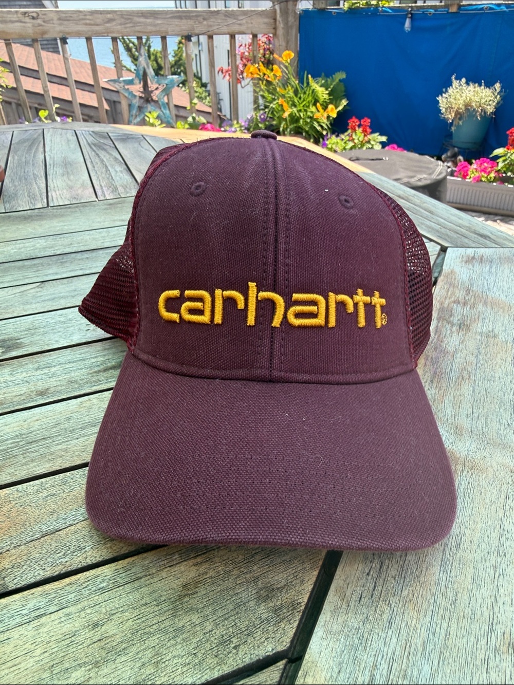 Carhartt Burgundy Trucker Hat with Gold Embroidery